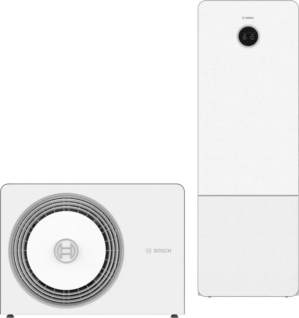 BOSCH Luftwärmepumpe mit einem Außengerät und einem Innengerät in Weiß, ausgestattet mit einem Ventilator und digitalen Bedienelementen.